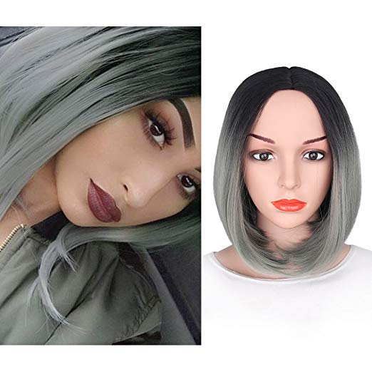 BARSDAR 14" Girl’s Short Ombre Bob Hair Wigs Straight Synthetic Colorful Halloween Cosplay Daily Party Wig for Women Natural Looking Heat Resistant As Real Hair-Black to Dark Gray